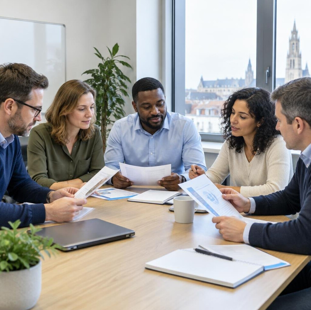 Belgian colleagues discussing workplace standards documents in a meeting room