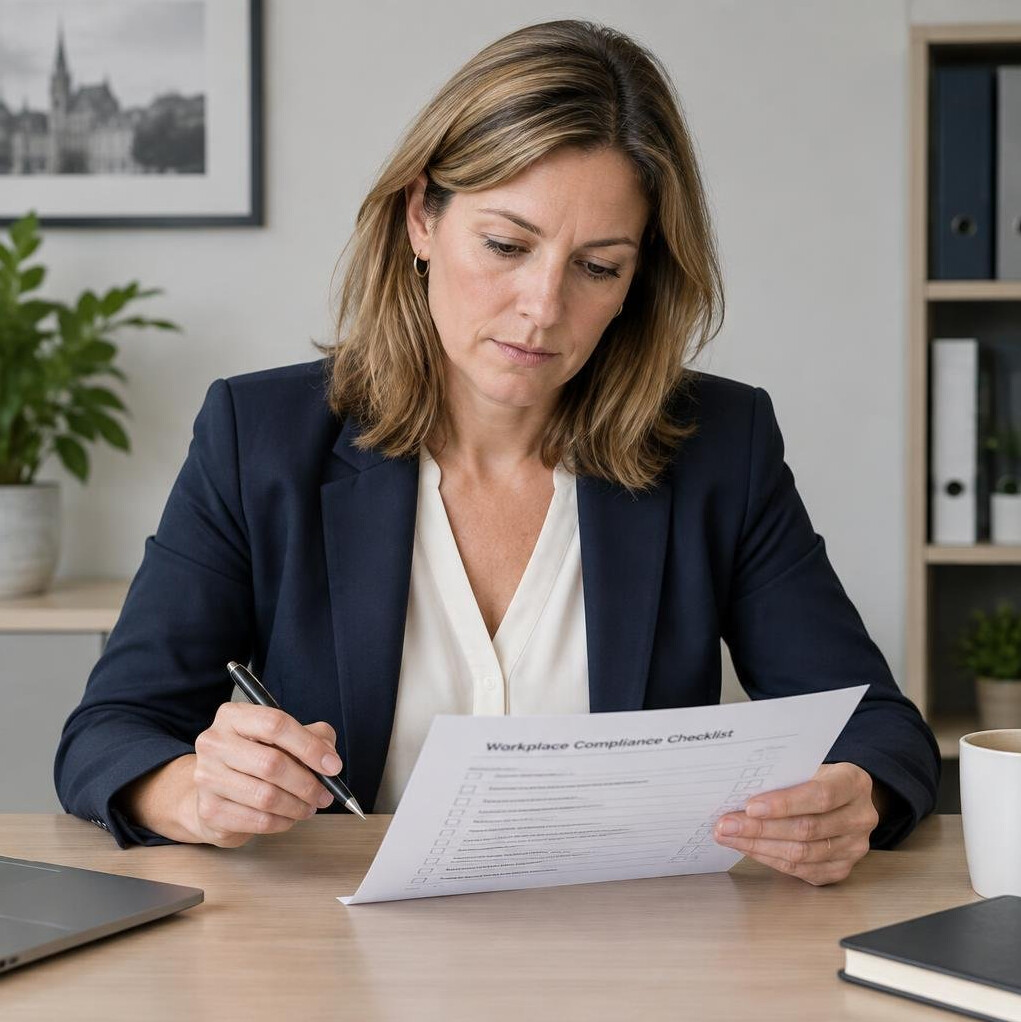 Belgian professional reviewing compliance checklist at desk