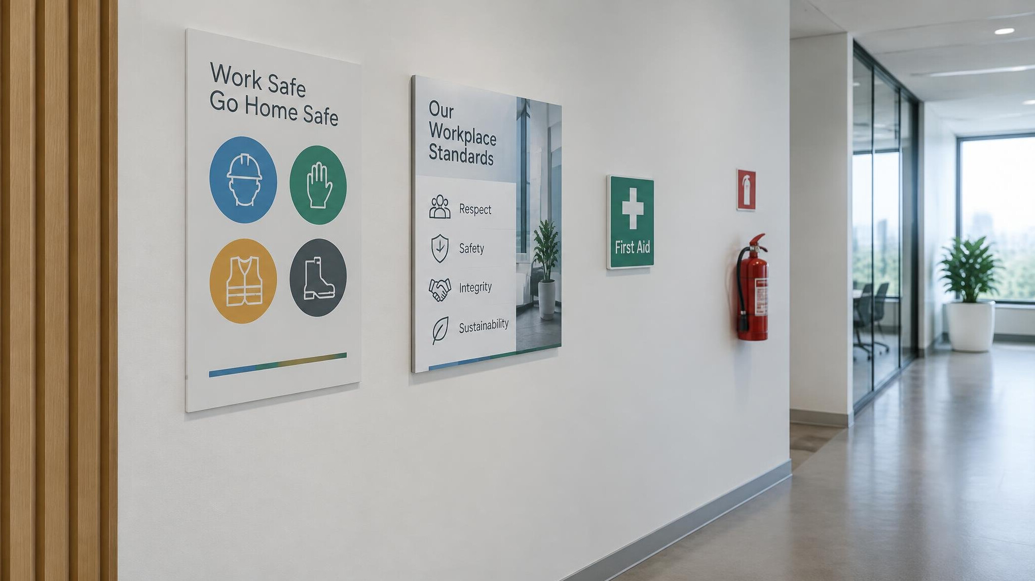Workplace safety signage on an office wall